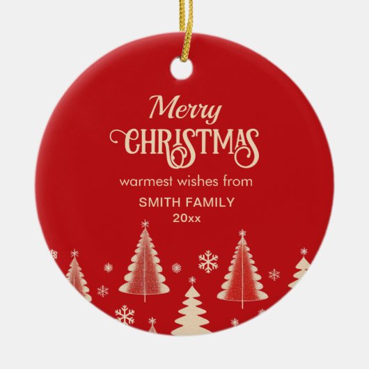 メリークリスマスミッドセンチュリーの赤いベージュの木の写真 セラミックオーナメント (正面)