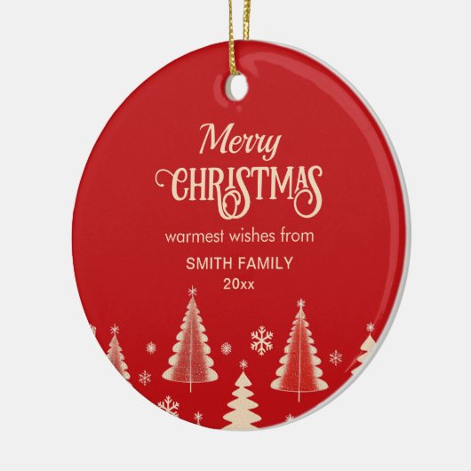 メリークリスマスミッドセンチュリーの赤いベージュの木の写真 セラミックオーナメント (左)
