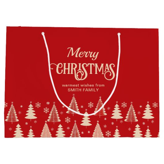 メリークリスマスミッドセンチュリーの赤いベージュの木 ラージペーパーバッグ (裏面)