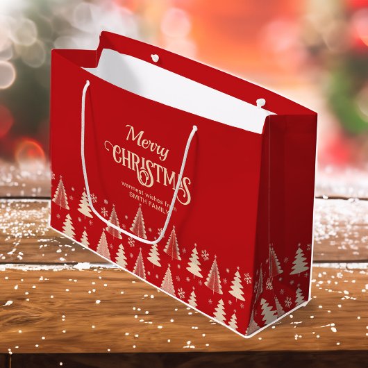 メリークリスマスミッドセンチュリーの赤いベージュの木 ラージペーパーバッグ
