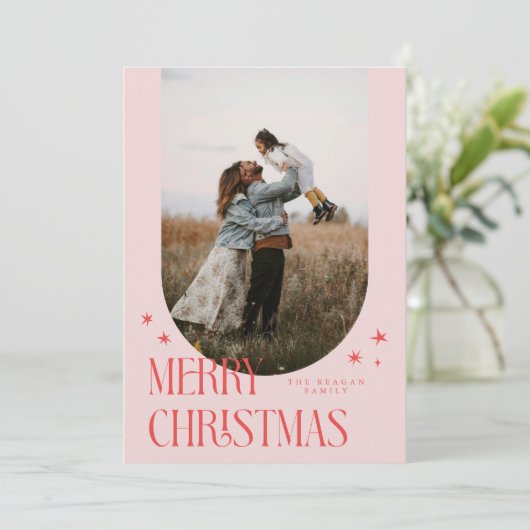 メリークリスマスミニマリストアーチピンク シーズンカード (スタンド正面)