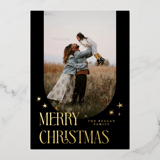 メリークリスマスミニマリストアーチブラック 箔シーズンカード (正面)