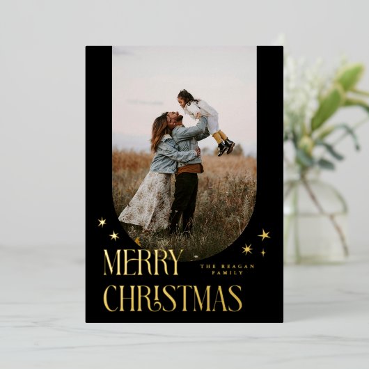 メリークリスマスミニマリストアーチブラック 箔シーズンカード (立ち正面)