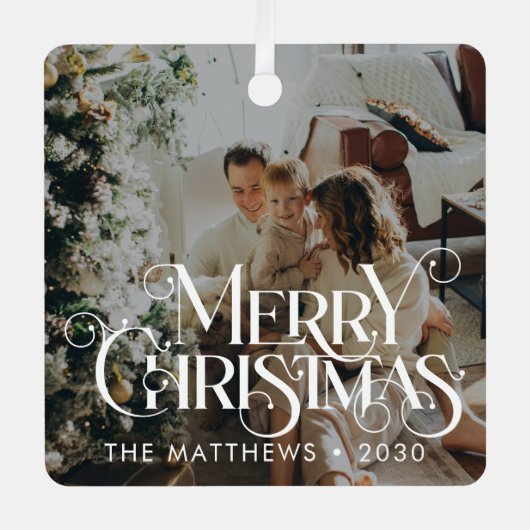 メリークリスマスミニマルおもしろいタイポグラフィ写真 メタルオーナメント (正面)
