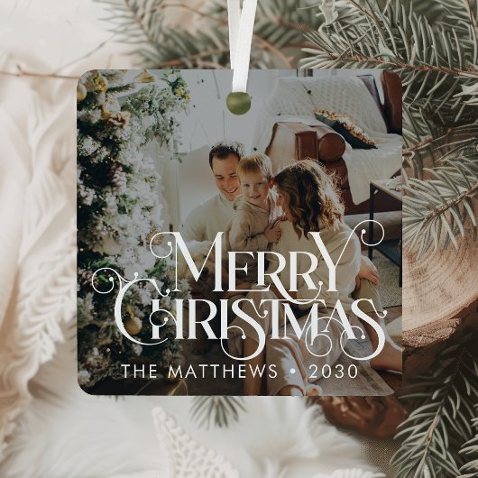 メリークリスマスミニマルおもしろいタイポグラフィ写真 メタルオーナメント