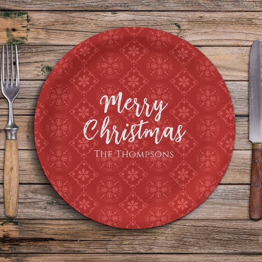 メリークリスマスミニマルシンプルリストのスノーフレークレッド ペーパープレート