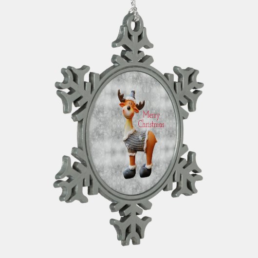 メリークリスマスムースは帽子をかぶっている スノーフレークピューターオーナメント (左)