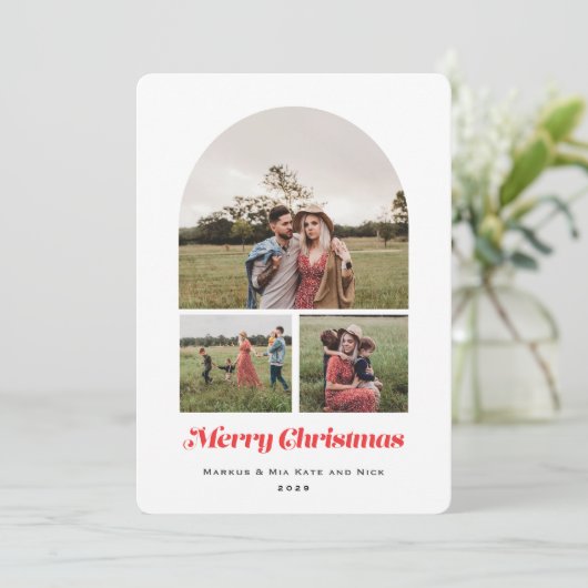 メリークリスマスモダンのアーチ数々の写真赤 シーズンカード (スタンド正面)