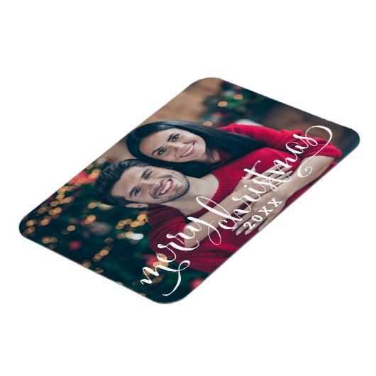 メリークリスマスモダンのホワイトスクリプト写真 マグネット (左側)