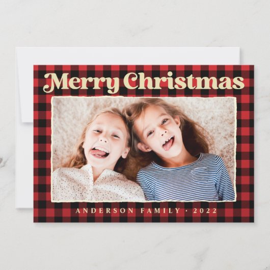 メリークリスマスモダンの格子模様の家族の写真 シーズンカード (正面)