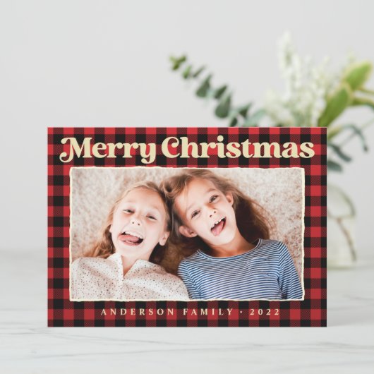 メリークリスマスモダンの格子模様の家族の写真 シーズンカード (スタンド正面)