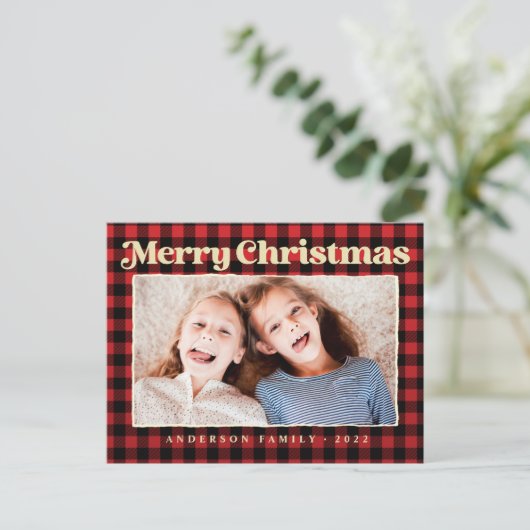 メリークリスマスモダンの格子模様の家族の写真 シーズンポストカード (スタンド正面)