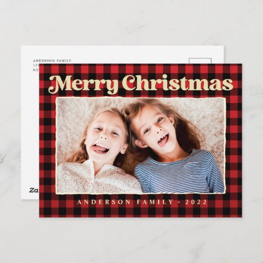 メリークリスマスモダンの格子模様の家族の写真 シーズンポストカード (正面/裏面)