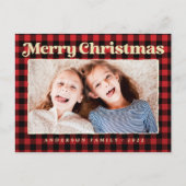 メリークリスマスモダンの格子模様の家族の写真 シーズンポストカード (正面)