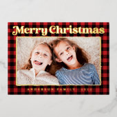 メリークリスマスモダンの格子模様の家族の写真 箔シーズンカード (正面)