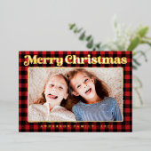 メリークリスマスモダンの格子模様の家族の写真 箔シーズンカード (立ち正面)