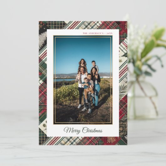 メリークリスマスモダンの格子模様カスタム写真 シーズンカード (スタンド正面)