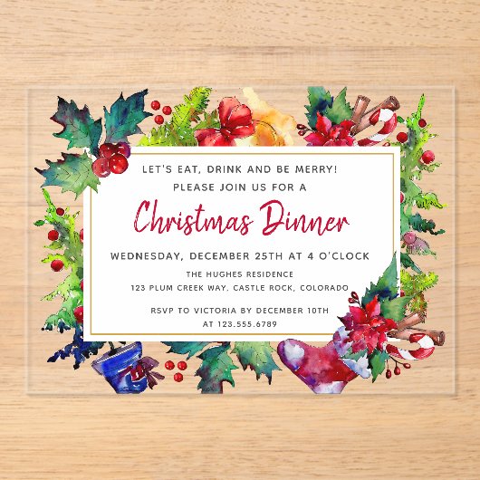 メリークリスマスモダンの水の色クリスマスディナー アクリル招待状 (正面)