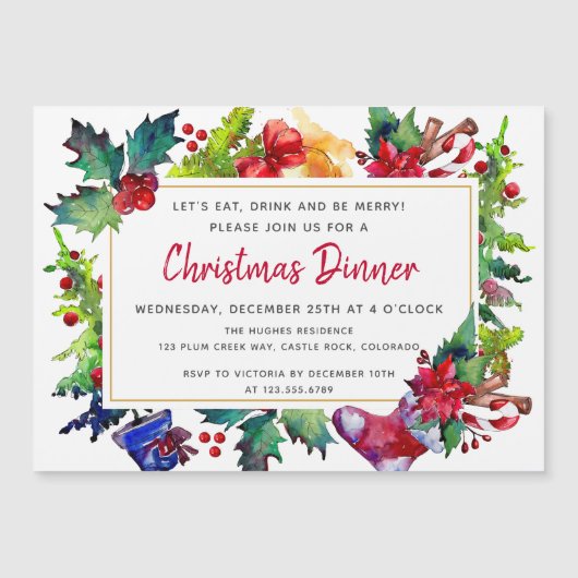 メリークリスマスモダンの水の色クリスマスディナー マグネット招待状 (正面)