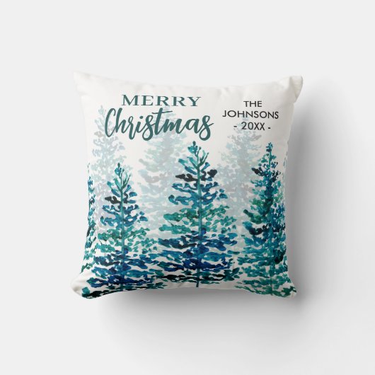 メリークリスマスモダンの水彩林の木 クッション (正面)
