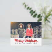 メリークリスマスモダンの赤と白の写真 ポストカード (スタンド正面)