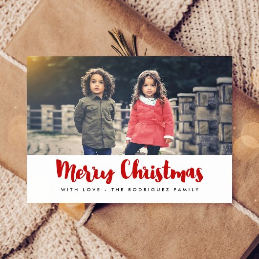 メリークリスマスモダンの赤と白の写真 ポストカード