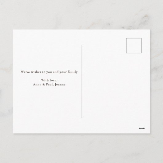 メリークリスマスモダンの雪の冬のグリーンフォト シーズンポストカード (裏面)