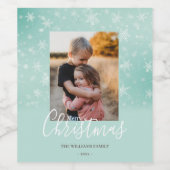 メリークリスマスモダンの雪の冬のグリーンフォト ワインラベル (シングルラベル)