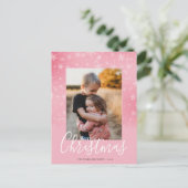 メリークリスマスモダンの雪の冬のピンクの写真 シーズンポストカード (スタンド正面)