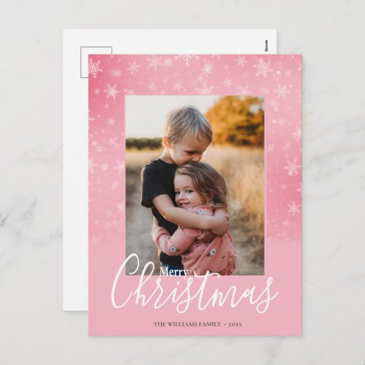 メリークリスマスモダンの雪の冬のピンクの写真 シーズンポストカード (正面/裏面)