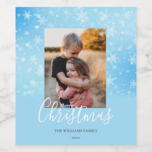 メリークリスマスモダンの雪の冬の青い写真 ワインラベル (シングルラベル)