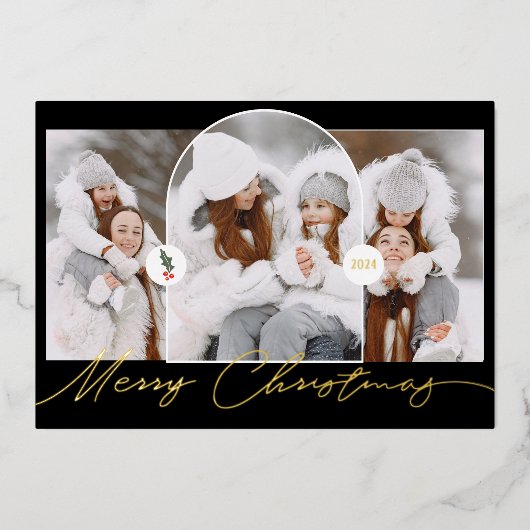 メリークリスマスモダンアーチ3枚の写真ブラックスクリプト 箔シーズンカード (正面)