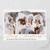 メリークリスマスモダンアーチ3枚の写真赤いスクリプト 箔シーズンカード (正面)