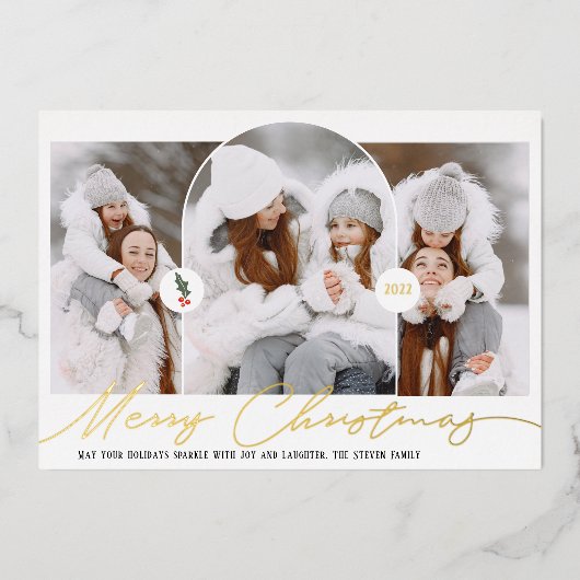 メリークリスマスモダンアーチ3枚の写真赤いスクリプト 箔シーズンカード (正面)