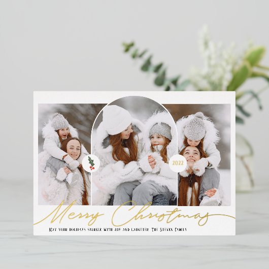 メリークリスマスモダンアーチ3枚の写真赤いスクリプト 箔シーズンカード (立ち正面)