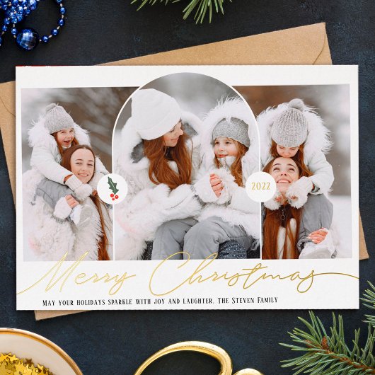 メリークリスマスモダンアーチ3枚の写真赤いスクリプト 箔シーズンカード