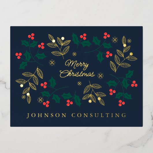 メリークリスマスモダンクリスマスホリーベリー 箔シーズンポストカード (正面)