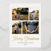 メリークリスマスモダングリーンスクリプト4写真金ゴールド 箔シーズンカード (正面)