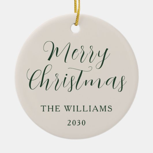 メリークリスマスモダンスクリプトベージュグリーン セラミックオーナメント (正面)