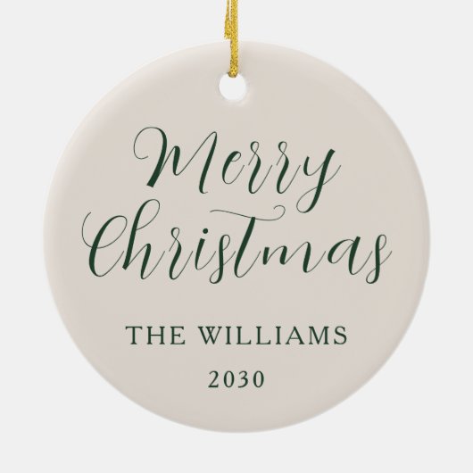 メリークリスマスモダンスクリプトベージュグリーン セラミックオーナメント (裏面)