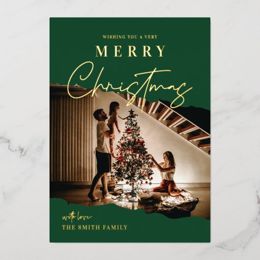 メリークリスマスモダンスクリプト1枚フォトフォイルカード 箔シーズンカード (正面)