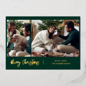 メリークリスマスモダンスクリプト2枚の写真金ゴールド 箔シーズンカード (正面)