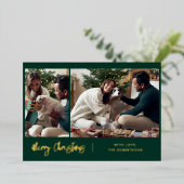 メリークリスマスモダンスクリプト2枚の写真金ゴールド 箔シーズンカード (立ち正面)