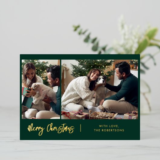 メリークリスマスモダンスクリプト2枚の写真金ゴールド 箔シーズンカード (立ち正面)