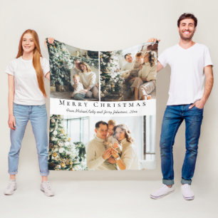 メリークリスマスモダンスクリプト3枚の写真コラージュ フリースブランケット