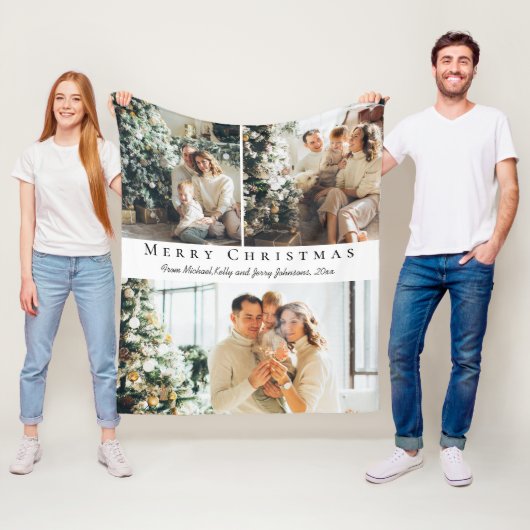 メリークリスマスモダンスクリプト3枚の写真コラージュ フリースブランケット (インサイチュ)