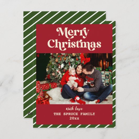 メリークリスマスモダンストライプのカスタムの写真 シーズンカード (正面/裏面)