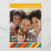 メリークリスマスモダンストライプのフォトフォイルホリデー 箔シーズンカード (正面)