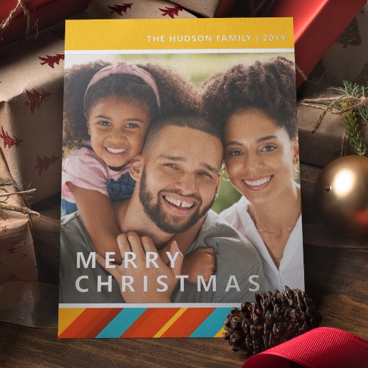 メリークリスマスモダンストライプのフォトフォイルホリデー 箔シーズンカード