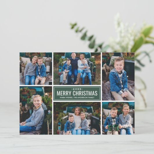 メリークリスマスモダンフォレストグリーンフォトコラージュ シーズンカード (スタンド正面)
